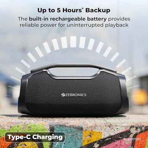 Image of Zebronics 2026 Launch 50W Bluetooth Speaker, Dual 5.7cm Drivers, 8.9cm Subwoofer, Upto 5Hrs Playback, Dual Passive Radiators, RGB Modes, 6.3mm Mic Input, TWS, BT v5.3, Type-C (Sound Feast 450)