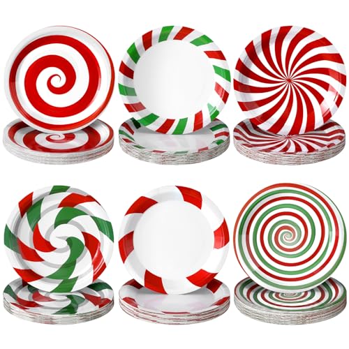 Image of Fourluoo 96 Pcs Christmas Candy Paper Plates 7 inch Disposable Peppermint Dinner Plates for Xmas Birthday Party Table Decoration Supplies