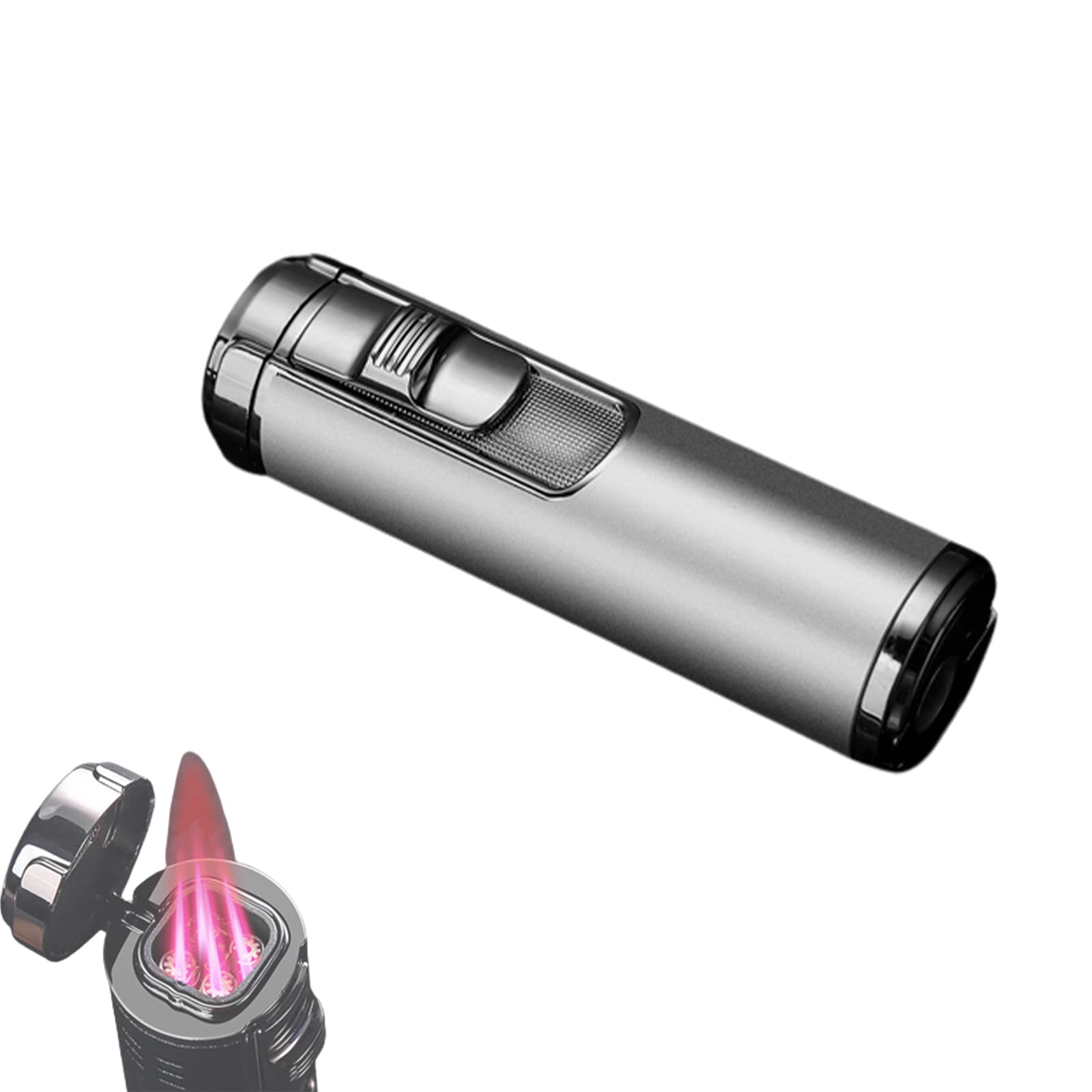 Generic Briquet Gonflable en Métal Cylindrique 4 Jet Flamme Rouge Rechargeable Butane Briquet Cigarette Allume-Cigare Accessoires Fumeurs pour Hommes,Silver