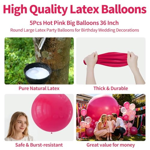 Image of 5Pcs Hot Pink Big Balloons 36 Inch, Round Large Latex Party Balloons for Birthday Wedding Decorations