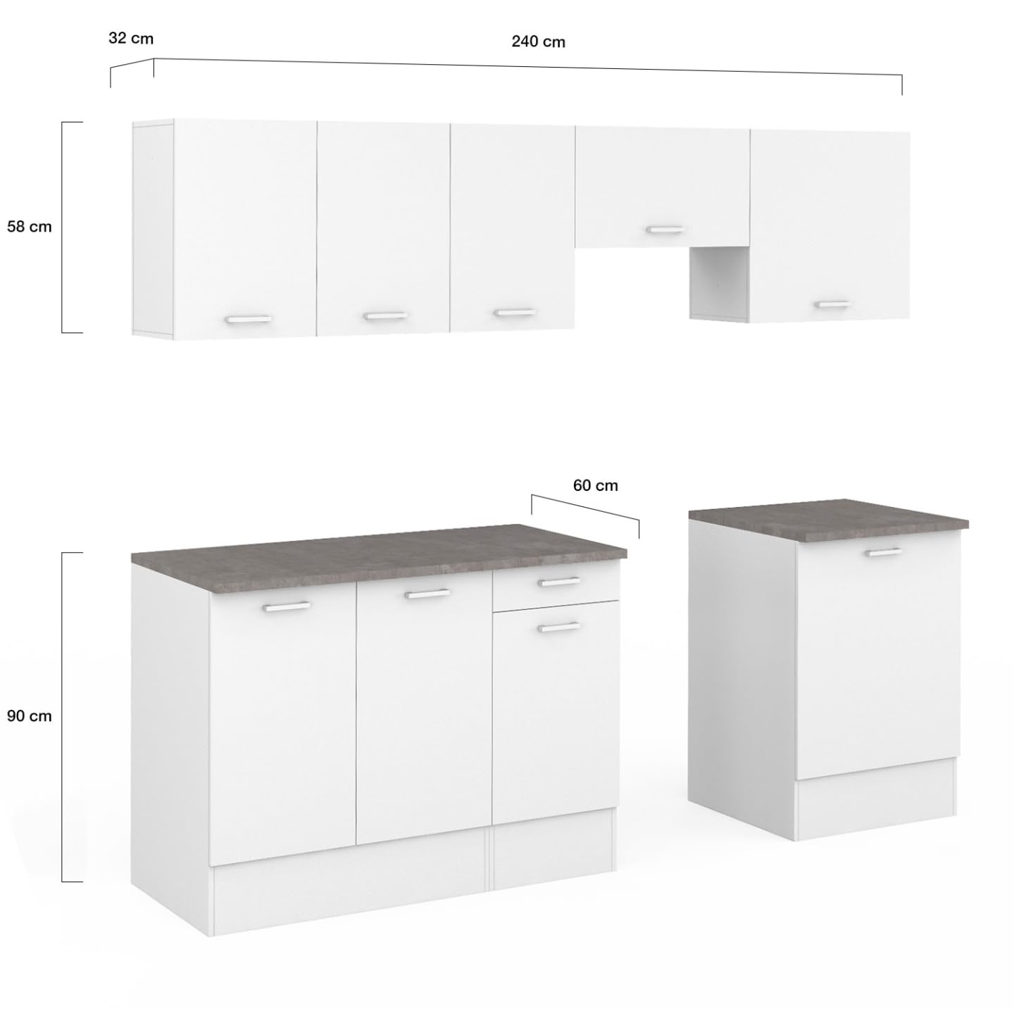 IDMarket - Cocina completa 240 cm sutil con encimera 7 elementos blanco y bandejas efecto hormigón
