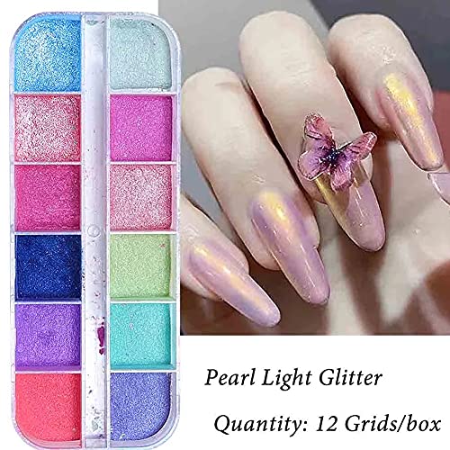 Holographic Nail Glitter Powder, Nail Art Supplies 3D Sparkle Nail Art Pigment Colorful Shiny Glitter Mermaid Pearl Powder Dust Summer Effect For Woman Acrylic Nails Decoration Kit 12Colors #TOP6