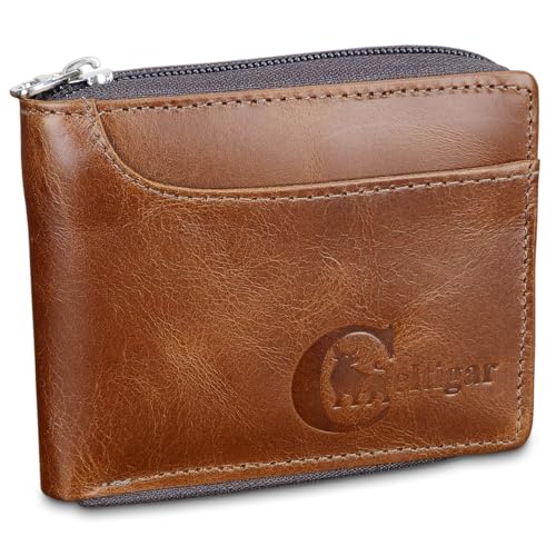 Carteira Com Zíper Masculina De Couro Legítimo RG CNH Cédulas Moedas Cartões Antifurto Proteção RFID (Whisky - Couro CBDA)