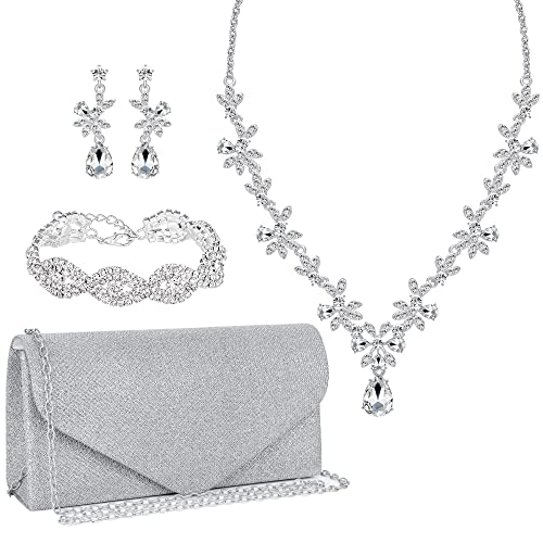 4-Pieces-Silver-Clutch-Purses-Rhinestone-Crystal-Choker-Necklace-Teardrop-Dangle-Earrings-Link-Tennis-Bracelet-Jewelry-Set-Evening-Bag-Handbag-Crossbody-Envelope-for-Women