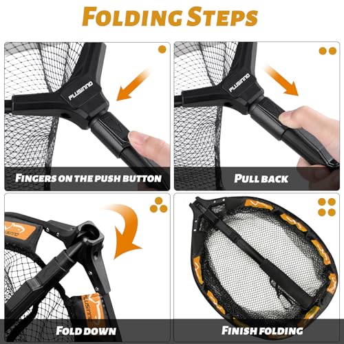 Image of PLUSINNO Fishing Net Fish Floating Landing Net, Kayak Nets with Fixed Foldable Telescopic Pole Handle, Bass Trout Fishing Nets with Nylon Mesh for Pond Lake River, Fishing Gear Gifts for Men Anglers