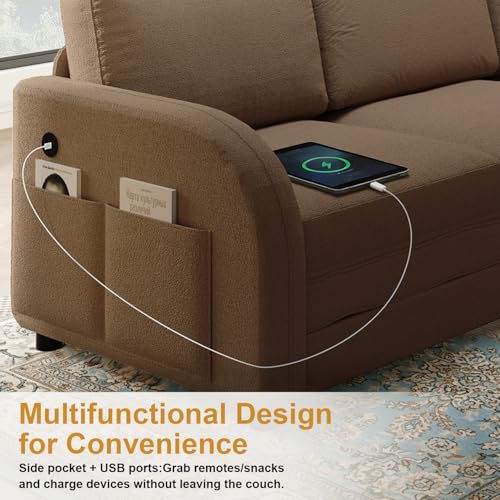Image of KCGKCG 115.2 inch L Shaped Couch Bed, Sectional Couches for Living Room, Teddy Fabric Sleeper Sofa Bed with Pull Out Couch, Convertible Sectional Couch with Charging Station & Side Pocket, Brown