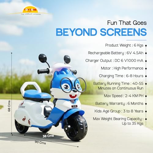 Image of Toyzone Bunny Electric Scooter - Blue | Rechargeable Scooty 6V | Powered by 4.5 ah Battery | Music Player with Bluetoooth & USB | 6 Month Warranty on Battery | Make in India | for Kids 2+ Years