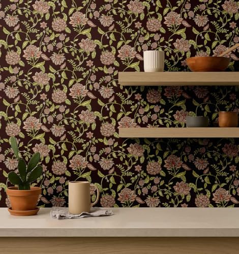 Papier peint floral botanique en vinyle texturé marron - 4