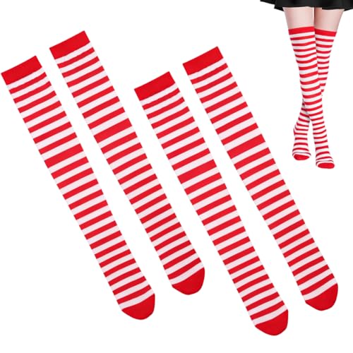 YAZWUR 2 paires de bas opaques rayures fines en coton, collant rayé parfait pour Noël et déguisement Halloween (Rouge Blanc)