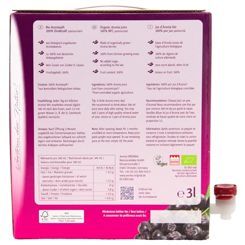 Aronia ORIGINAL Bio Aroniasaft aus deutschem Anbau | 3 Liter Bio Direktsaft aus 100% Aroniabeeren | Vegan, ohne Konservierungsstoffe, ohne Zuckerzusatz (lt. Gesetz)