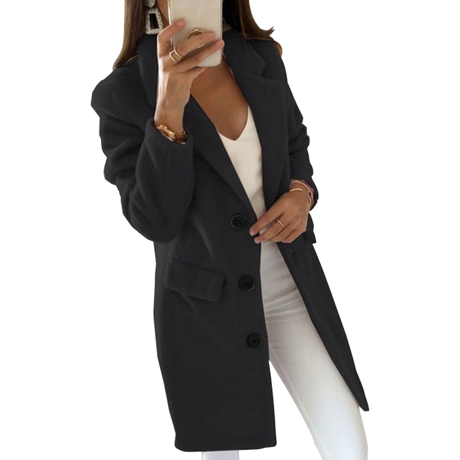 Womens Mid Long Pea Coat Notched Lapel Single Breasted Wool Blend Trench Coat Winter Loose Woolen Suit Coat