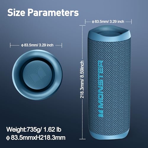 Image of Monster S620 Bluetooth Speaker, Wireless Portable Outdoor Bluetooth Speakers, 60W True Wireless Stereo IPX8 Waterproof, Dual PairingBluetooth 5.4 Built-in Mic, Perfect for Home, Blue