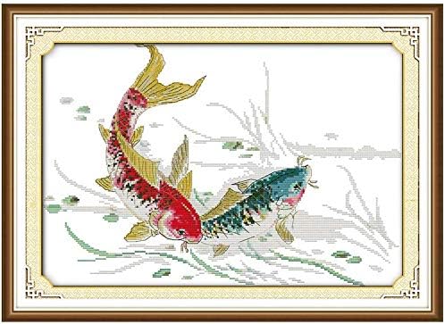 Happy Forever Cross Stitch Kits 11CT Stamped Patterns for Kids and Adults, DIY Preprinted Embroidery Kit for Beginner, Animals 1 (D646 Goldfish Blessing 2, Size 27''x25'')