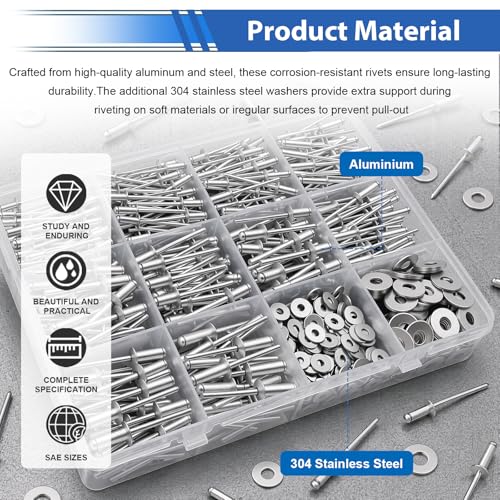 Image of smseace 780Pcs Pop Rivets with Washers Assortment Kit-10-Sizes SAE Rivets for Metal 1 /8,3 /16Inch 2-Sizes 304 Stainless Steel Washers for Metal, Furniture, Automotive, Instruments