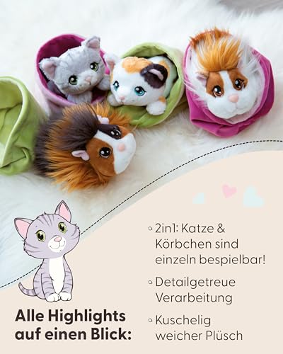 NICI Little Paws Kuscheltier Katze 12cm grau getigert im pinken Körbchen - Flauschiges Stofftier, Plüschtier zum Kuscheln, Spielen und Liebhaben - 61331
