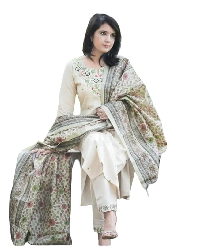 Women's Printed Kurta Pant Dupatta Set, Cotton Blend, Off-White with Floral Embroidery, 3 Piece Ethnic Wear (IN, Alpha, XL, Regular)