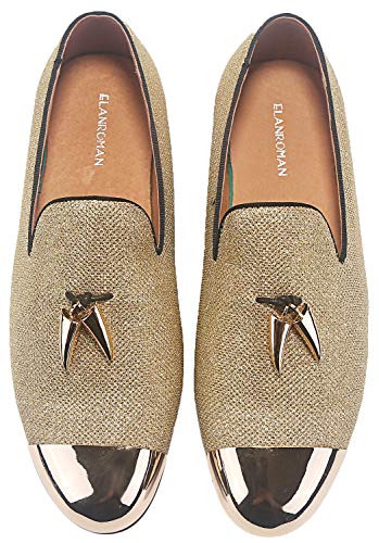 ELANROMAN Men's Loafers Leather Gold Tassel & Cap Toe Buckle Penny Party Wedding Prom Shoes2