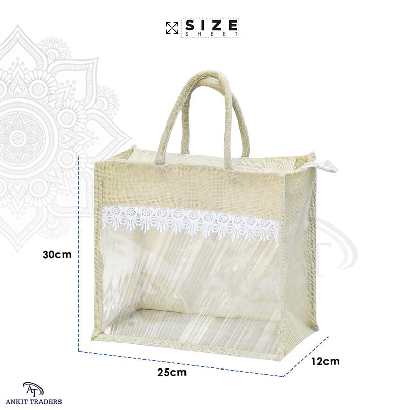 Image of Rishabh Overseas Jute Bags for Women | Eco Friendly Bag with Front Transparent Window | Reusable Tote with Comfortable Handle for Gifting & Shopping | Wedding & Baby Shower Return Gift