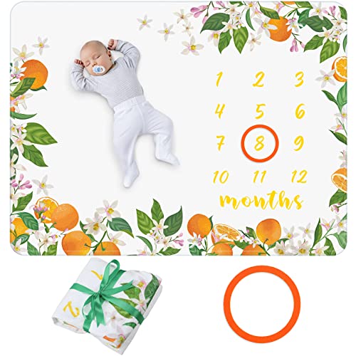 Image of Buryeah Baby Monthly Milestone Blanket for Boy Girl 50" x 40" Little Cutie Blanket with Growth Chart Felt Frame Soft Flannel Swaddling Blanket Baby Shower Neutral Gift Newborn Nursery Picture Decor
