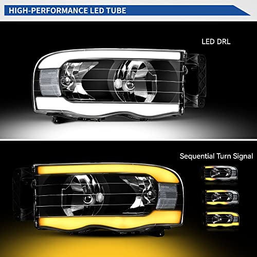 Image of OEDRO Switchback Turn Signal & LED DRL Headlights Headlamps Compatible with 2002 2003 2004 2005 Dodge Ram 1500 /03 04 05 Dodge Ram 2500 3500 Pickup Black Housing Clear Reflector Clear Lens