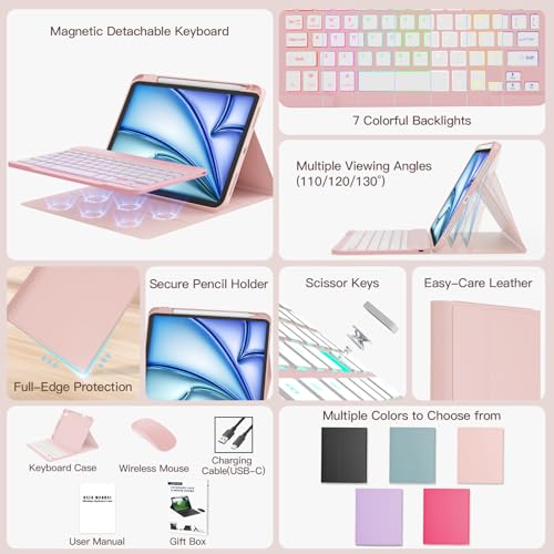 Image of RAYMCRAFT for iPad Air 11-inch Case with Keyboard M4 /M3 /M2 (2026 /2025 /2024), Mouse and Detachable Wireless Keyboard Combo for iPad Air 5th /4th 10.9-inch, 7-Color Backlight with Pencil Holder, Pink