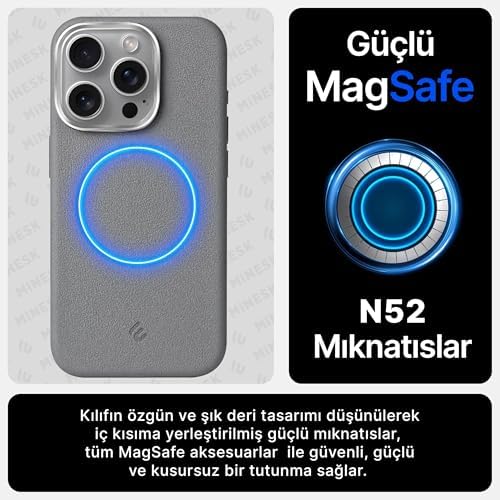 Minesk iPhone 16 Pro için MagSafe ile Uyumlu Çizilmeyen ve Parmak İzi Tutmayan Deri Görünümlü Metal Tuşlu ve Metal Lens Çerçeveli Hybrid Silikon Kılıf (Gri, 16 Pro) - Görsel 3
