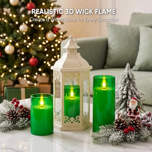 Image of Raycare Battery Operated Flameless Pillar Candles with Remote Timer, Green | LED Acrylic Candle with Festive Glow for Christmas Trees, Holiday Tables, Seasonal Parties, Family Gathering Gift, Set of 3
