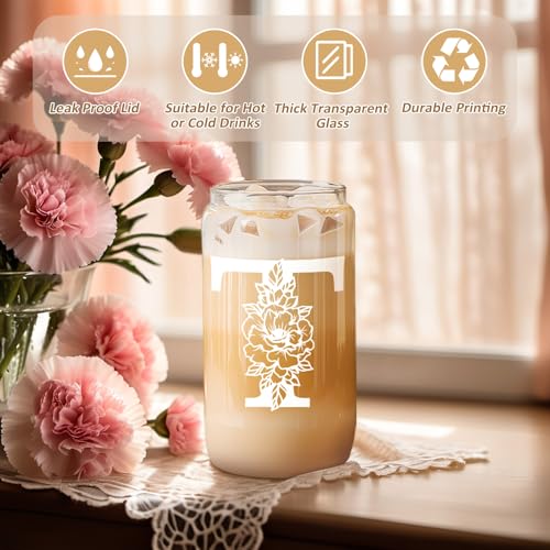 Image of Coolife Initial Glass Cup, Monogrammed Gifts for Women, 16 oz Tumbler w /Lid | Iced Coffee Smoothie Beer Tumbler w /Straw Lid - Personalized Christmas, Birthday Gifts for Woman Her Mom Friend