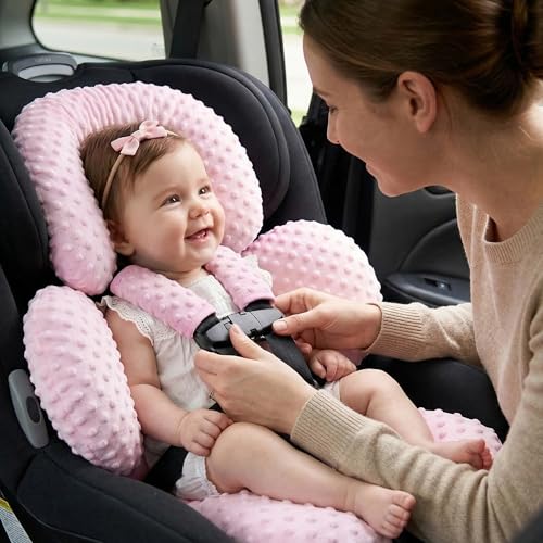 Image of Pro Goleem Infant Car Seat Head Neck Body Support, Ultra-Soft Minky and Microfiber Car Seat Strap Pads, Perfect for Stroller, 2-in-1 Reversible, Girls, Pink