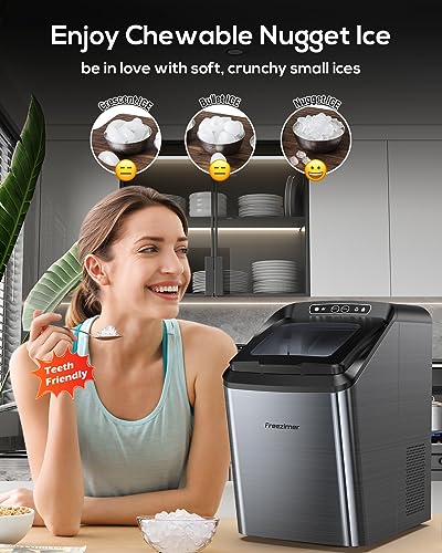 Freezimer DreamiceX2 | Nugget Ice Maker Countertop with Chewable Sonic Ice Self-Cleaning Quiet Thick Insulation Waterline Pebble Ice Machine Soft Ice Pellet Ice Makers 33lbs/24h, Stainless Black