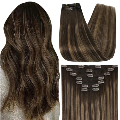 Image of Full Shine Human Hair Clip in Extensions Double Weft | Clip Hair Extensions Real Human Hair, Balayage Dark Brown to Ash Brown, Remy Hair, Straight Hair, 20 Inch 7 Pcs 120g