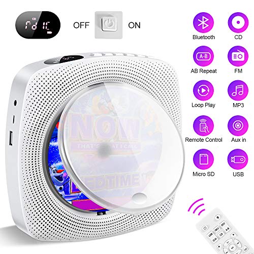 Reproductor de CD portátil, audio en la pared con Bluetooth, altavoz Hi-Fi, radio FM, reproductor de música MP3, conector de auriculares de 3,5 mm, AUX, regalo para niños