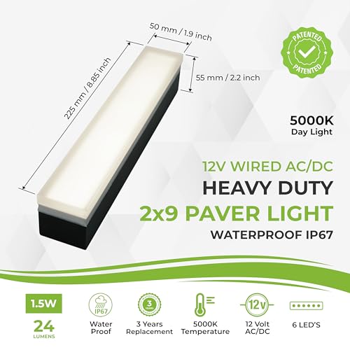 Image of LUMENGY Paver Light 2x9 Inch (1.97x8.85), 5000K Daylight, Glare-Free Brick Lighting for Driveways, Walkways, Pool Decks and Patios, 12V Hardwired, IP67 Waterproof, Drive-Over Rated