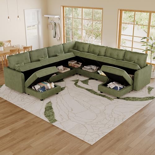 Image of LLappuil Modular Sectional Sofa with Storage, U-Shaped 9-Seat Corduroy Couch with 8 Throw Pillows, Pet-Friendly Convertible Pit Sofa for Living Room, Skin-Friendly & Soft, Green