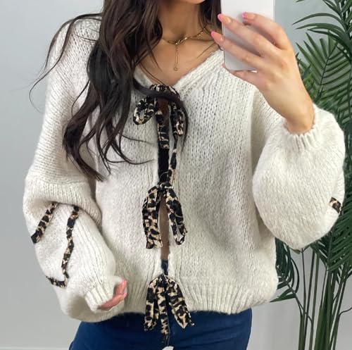 Women’s Tie Knot Leopard Heart Print Knit Cardigan Oversized V Neck Open Front Bandage Sweater Trendy Fall Knit Outwear3