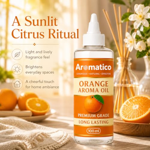 Image of AROMATICO Pure Orange Aroma Diffuser Oil with Long-Lasting Fragrance for Homes, Offices & Showrooms. Ideal for Diffusers, Reed Diffusers, Air-Purifiers & Candles 100 ml