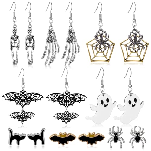 Halloween Earrings Set, Hypoallergenic Spider Web Bat Cat Ghost Dangle Stud Earrings, Halloween Earrings for Women Cute Jewelry Party Gifts