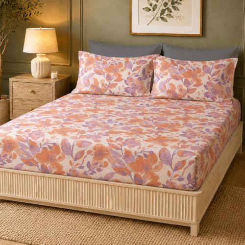 Image of LANE LINEN Symphony | 100% Cotton Sheet Set | Soft & Breathable Fabric | 3 Piece (1 Bedsheet + 2 Pillow Covers) | King Bed Sheet Set - Coral & Lavender Painted Leaf