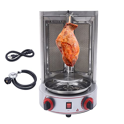 Shawarma Machine Vertical Gas Doner Kebab Gyro Grill Machine Commercial Spinning Broilers Gyro Grill with 2 Burner Temperature Adjustment Switch