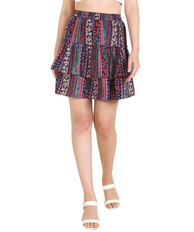 Designer Printed Layered & Flared Crepe Skirt – Royal Regular Fit Short A-Line Midi for Women/Girls