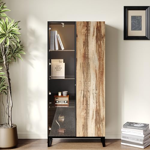 Caldion Vitrine avec 8 éclairages LED Vitrine en Verre avec 2 Porte pour Collection,Armoire avec étagères,Armoire de Rangement en Verre trempé 80x40x175cm Noir&Bois