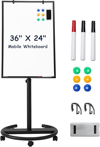 Pizarra blanca magnética móvil de borrado en seco, caballete de pizarra blanca de pie de 36 x 24 pulgadas, altura ajustable de borrado en seco,