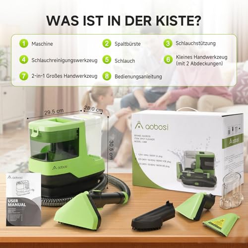 Polsterreiniger Gerät mit Heißdampf & 17KPa - 1800W Waschsauger Teppichreiniger mit Sprachfunktion & Selbstreinigung - Für Sofa, Teppich, Auto, Treppen - 4 Zubehör, Grün