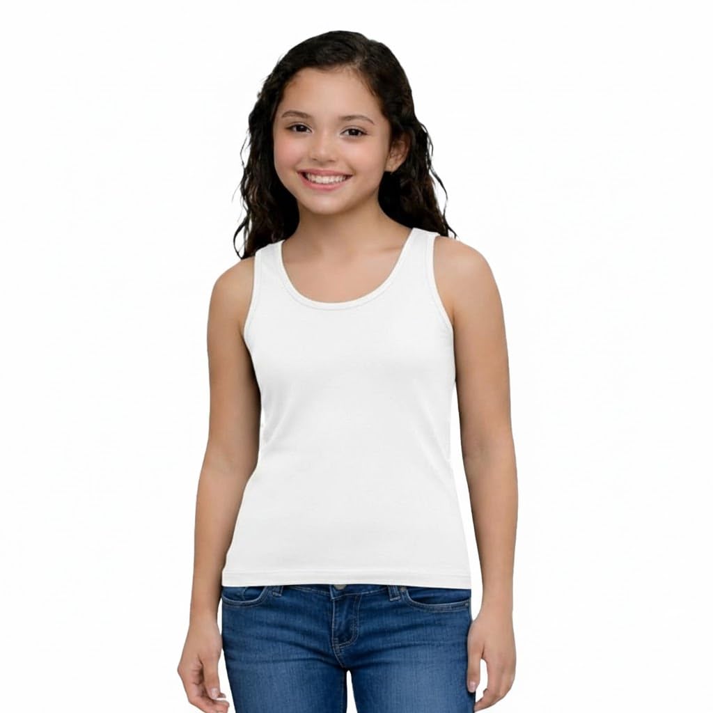 CHARM N CHERISH Girls Padded Cotton Sleeveless Tank Top, White, Pack of 1-image-2