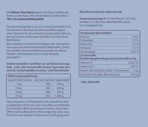 Dehner Fine Nature Hundefutter, Nassfutter in Lebensmittelqualität, für ältere Hunde, Ente, 6 x 400 g Dose (2.4 kg)