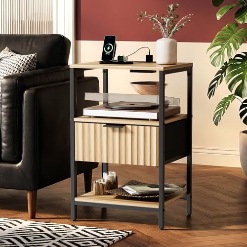 Image of VINGLI Night Stand with Charging Station and Fabric Drawer, Fluted Nightstand with Drawer, Bed Side Table /End Table for Bedroom, Dorm, 14.96 inch W*11.81 inch D*23.7 inch H, 1 pc