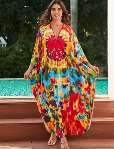 Image of KECVOT Kaftan Dresses for Women Plus Size Batwing Sleeve Caftans Long Bathing Suit Cover Up Maxi Beach Dress Loungewear