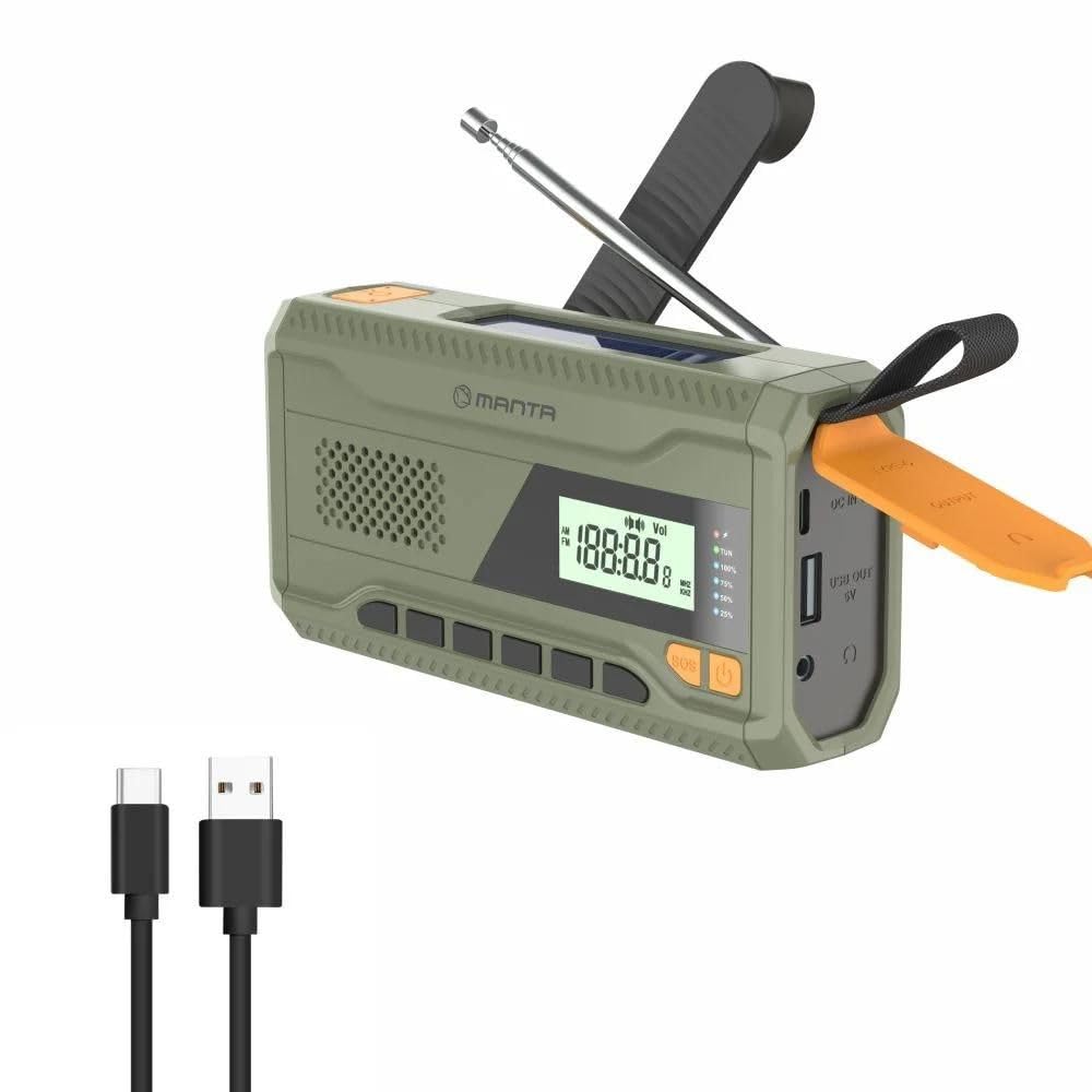 Manta RDI401G solarne radio awaryjne z korbą ręczną, radio FM z przenośnym powerbankiem 4500 mAh, USB-C, jasna latarka i lampka do czytania w sytuacjach awaryjnych w gospodarstwie domowym i na świeżym