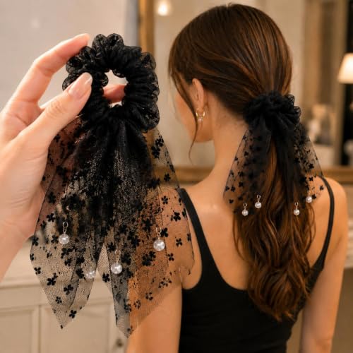 Polka Dot Bow Scrunchie for Women, 21 cm Chiffon Hair Tie with Pearl Accents, Large Ribbon Ponytail Holder, Elastic Hair Scarf Scrunchie for Buns, Daily Wear, Parties and Weddings