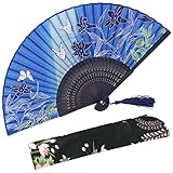 OMyTea® Hand Held Silk Folding Fans with Bamboo Frame - with a Fabric Sleeve for Protection for Gifts - 100% Handmade Oriental Chinese/Japanese Vintage Retro Style - for Women Ladys Girls (WZS-12)